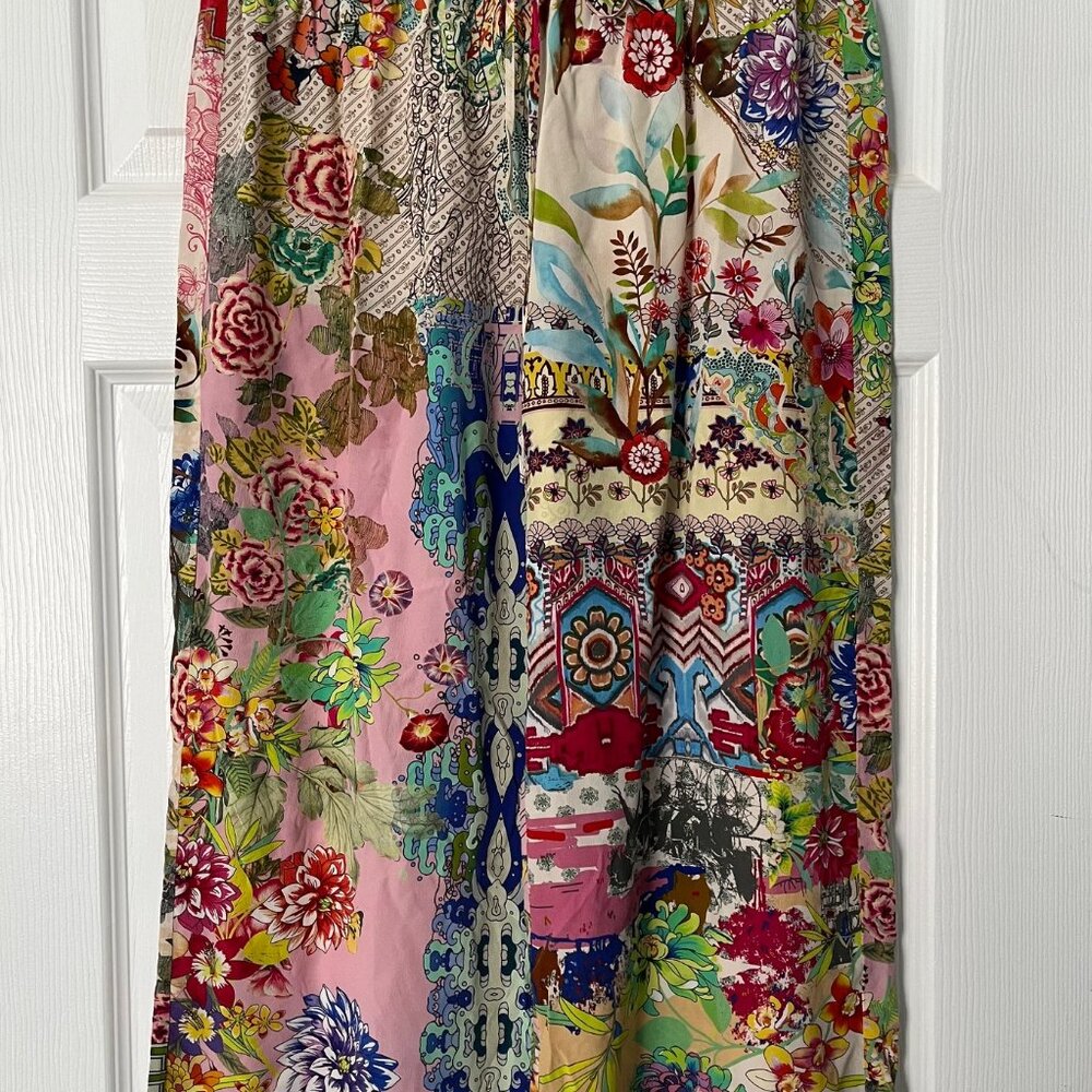 Johnny Was Silk Floral Print Drawstring Wide Leg Pants